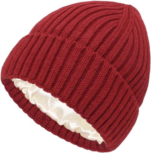 Womens Satin Lined Knit Beanie Knitted Warm Cuffed Hats Winter Thick Skull Cap in Saudi Arabia
