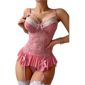 WDIRARA Women's 2 Piece Lace Lingerie Set Ruffle Babydoll Lingerie Dress with Thongs in Saudi Arabia