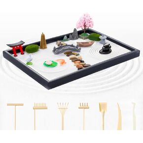 DEERSJUMP Mini Zen Garden Kit for Desk 11.8x7.8'' Japanese Sand Garden for Office and Home Decor with Sand Rock and Rake Tray Therapy Tool Gift Set for Room in Saudi Arabia