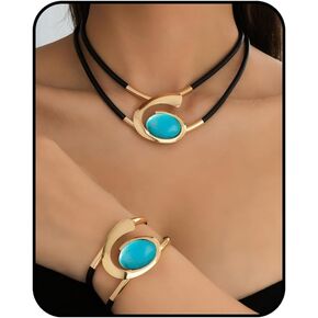 Gold Turquoise Jewelry Sets for Women Bohemian Double-Layer Necklace Chunky Vintage Pendant Necklace and Adjustable Non Tarnish Bracelet Boho Fashion Statement Jewelry Sets Gifts in Kuwait