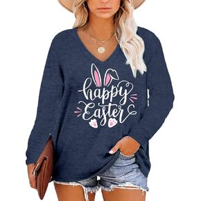 Plus Size Easter Shirts for Women Happy Easter T Shirt Bunny Rabbit V Neck Tees Easter Long Sleeve Shirt Tops in Saudi Arabia