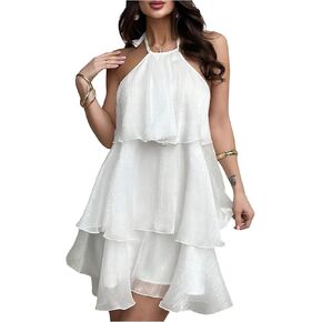 Floerns Women's Elegant Tie Backless Halter Chiffon Dress Sleeveless Tiered A Line Ruffle Hem Flowy Mini Dresses in Kuwait