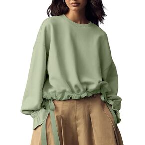 ZOCPEONY Women's Long Puff Sleeve Sweatshirt Drawstring Hem Crewneck Pullover Loose Solid Casual Tops in Saudi Arabia