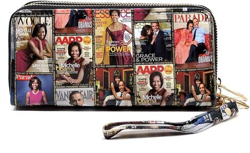 Amy&Joey Glossy magazine cover collage Michelle Obama printed large capacity zipper wallets with wrist band (Picture #02-MT) in Saudi Arabia