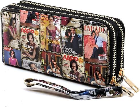 Amy&Joey Glossy magazine cover collage Michelle Obama printed large capacity zipper wallets with wrist band (Picture #02-MT) in Saudi Arabia
