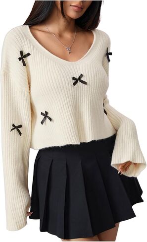 Gorglitter Women's Bow v Neck Crops Tops Long Long Of Conder Counder Lightweight Sweater Top in Saudi Arabia