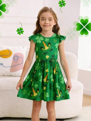 فستان للفتيات من St Patricks Day Clover بأكمام واسعة، فساتين متأرجحة غير رسمية بطبعات كارتونية باللون الأخضر in Saudi Arabia