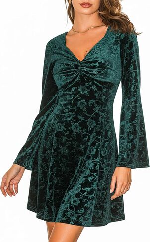 CUPSHE Women's Vintage Velvet Dress Flare Sleeve V Neck Floral Mini Dress Party Guest Evening Dress in Saudi Arabia