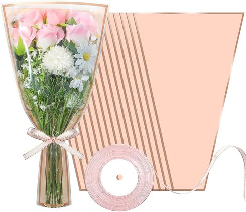50 PCS Flower Wrapping Bags for Bouquets Pink Floral Bouquet Packing Sleeves with Ribbon 17 x 11 Inches Plastic Flower Bouquet Sleeve for Birthday Mother's Day Wedding Graduation Florist Supplies in Saudi Arabia