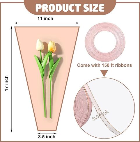 50 PCS Flower Wrapping Bags for Bouquets Pink Floral Bouquet Packing Sleeves with Ribbon 17 x 11 Inches Plastic Flower Bouquet Sleeve for Birthday Mother's Day Wedding Graduation Florist Supplies in Saudi Arabia
