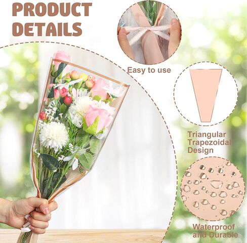 50 PCS Flower Wrapping Bags for Bouquets Pink Floral Bouquet Packing Sleeves with Ribbon 17 x 11 Inches Plastic Flower Bouquet Sleeve for Birthday Mother's Day Wedding Graduation Florist Supplies in Saudi Arabia