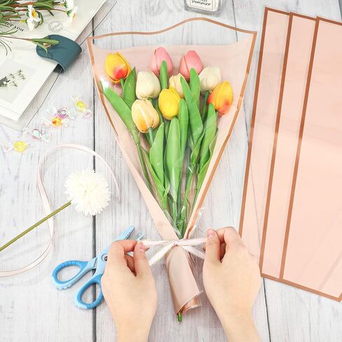 50 PCS Flower Wrapping Bags for Bouquets Pink Floral Bouquet Packing Sleeves with Ribbon 17 x 11 Inches Plastic Flower Bouquet Sleeve for Birthday Mother's Day Wedding Graduation Florist Supplies in Saudi Arabia