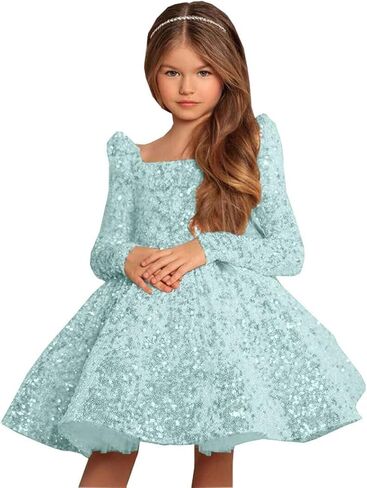 Champagne Long Flower Girl Dress for Wedding Puffy Layers 2024 Birthday Party Dresses Long Sleeves Sequin Princess Birthday Party for Girls Champagne FAY07-7 in Saudi Arabia