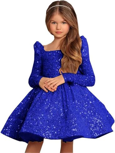 Champagne Long Flower Girl Dress for Wedding Puffy Layers 2024 Birthday Party Dresses Long Sleeves Sequin Princess Birthday Party for Girls Champagne FAY07-7 in Saudi Arabia