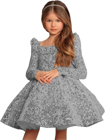 Champagne Long Flower Girl Dress for Wedding Puffy Layers 2024 Birthday Party Dresses Long Sleeves Sequin Princess Birthday Party for Girls Champagne FAY07-7 in Saudi Arabia