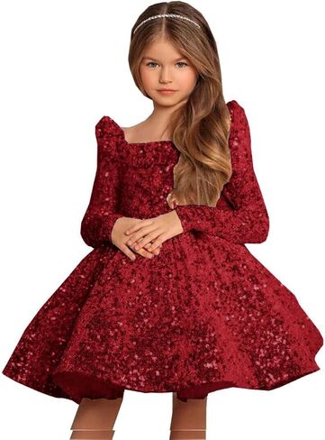 Champagne Long Flower Girl Dress for Wedding Puffy Layers 2024 Birthday Party Dresses Long Sleeves Sequin Princess Birthday Party for Girls Champagne FAY07-7 in Saudi Arabia