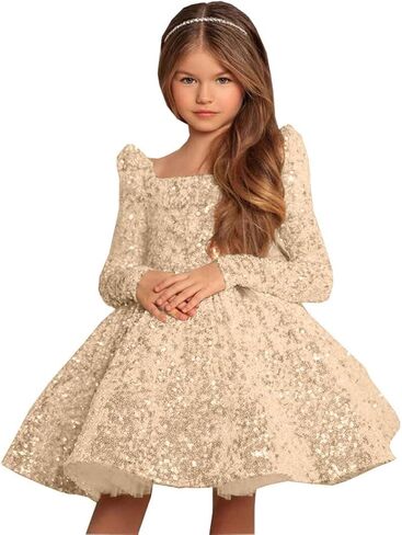 Champagne Long Flower Girl Dress for Wedding Puffy Layers 2024 Birthday Party Dresses Long Sleeves Sequin Princess Birthday Party for Girls Champagne FAY07-7 in Saudi Arabia