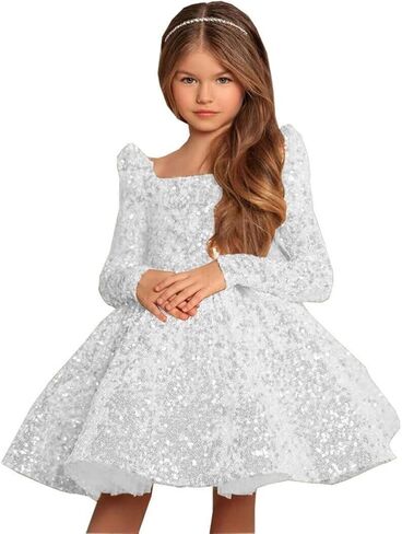 Champagne Long Flower Girl Dress for Wedding Puffy Layers 2024 Birthday Party Dresses Long Sleeves Sequin Princess Birthday Party for Girls Champagne FAY07-7 in Saudi Arabia