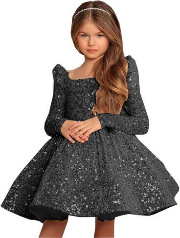 Champagne Long Flower Girl Dress for Wedding Puffy Layers 2024 Birthday Party Dresses Long Sleeves Sequin Princess Birthday Party for Girls Champagne FAY07-7 in Saudi Arabia