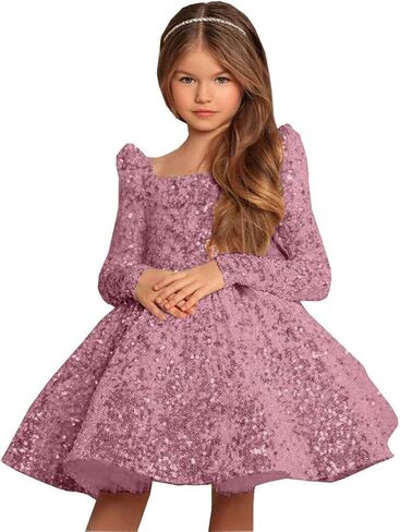 Champagne Long Flower Girl Dress for Wedding Puffy Layers 2024 Birthday Party Dresses Long Sleeves Sequin Princess Birthday Party for Girls Champagne FAY07-7 in Saudi Arabia