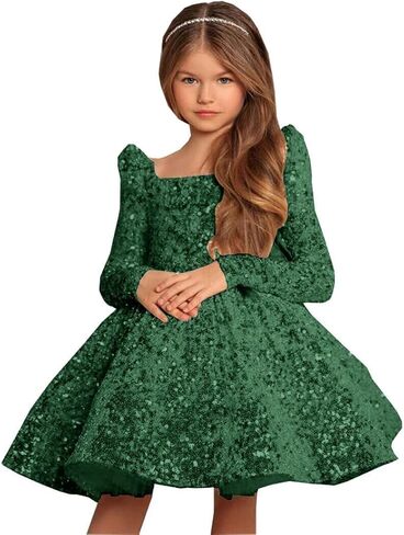 Champagne Long Flower Girl Dress for Wedding Puffy Layers 2024 Birthday Party Dresses Long Sleeves Sequin Princess Birthday Party for Girls Champagne FAY07-7 in Saudi Arabia