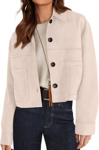 MaShinequang Womens Casual Faux Suede Cropped Jacket Button Down Coat Outwear with Pockets in Saudi Arabia