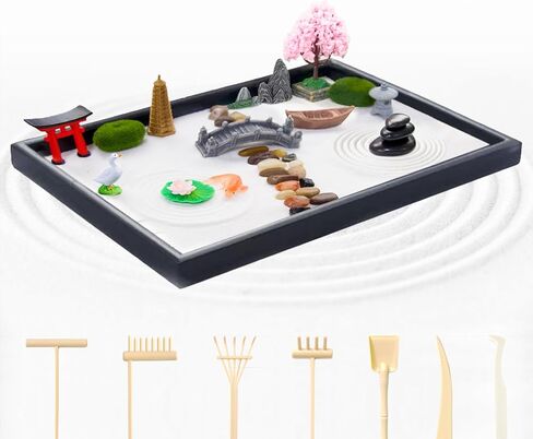 DEERSJUMP Mini Zen Garden Kit for Desk 11.8x7.8'' Japanese Sand Garden for Office and Home Decor with Sand Rock and Rake Tray Therapy Tool Gift Set for Room in Saudi Arabia