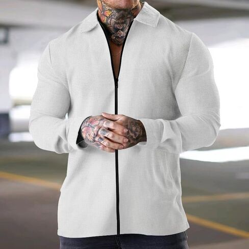 Men's Lightweight Jacket Casual Lapel Collar Full Zip Waffle Jacket Solid Colour Long Sleeved Coat in Saudi Arabia