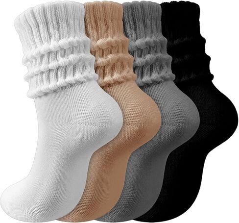 4 Pairs Unisex Slouch Socks Cotton Stacked Crew Socks Solid Color Casual Tube Sock Ribbed Workout Sock for Men Women, White Beige Black Gray in Kuwait