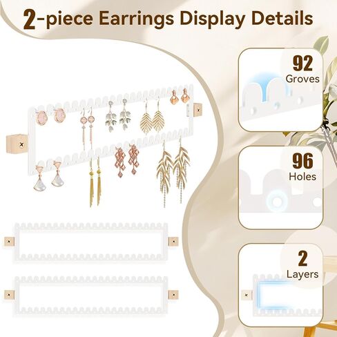 milylove 2 Tier Earring Holder Organizer Wall Mounted,2PCS Metal Earring Display Storage with 96 Holes and 92 Grooves Hanging Jewelry Organizer Tree for Stud/Hoop/Dangle Earrings Necklace(White) in Saudi Arabia