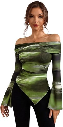 winkbay Women's Off The Shoulder Tie Dye T Shirt Long Sleeve Ruched Asymmetrical Going Out Tops in Saudi Arabia
