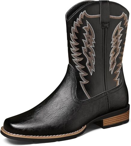 Fionnian Men's Western Cowboy Boots, Square Toe Classic Embroidery With Side Zipper, Black Brown Chunky Heel Slip Resistant Durable Mid-Calf Country Work Boots for Male in Saudi Arabia
