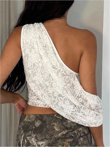 Milumia Women's Floral Lace One Shoulder Crop Top Ruched Asymmetrical Sheer Tank Tops in Saudi Arabia