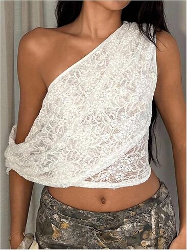 Milumia Women's Floral Lace One Shoulder Crop Top Ruched Asymmetrical Sheer Tank Tops in Saudi Arabia