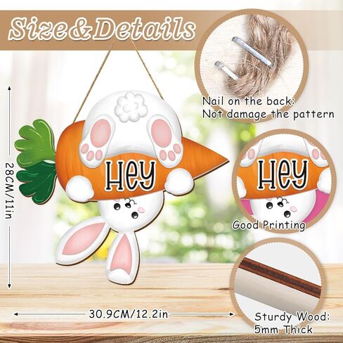 JarThenaAMCS Easter Wooden Hanging Sign Hey Bunny Front Door Sign Cute Rabbit Carrot Wall Plague for Spring Holiday Indoor Outdoor Farmhouse Home Porch Window Decor in Saudi Arabia