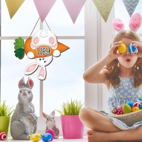 JarThenaAMCS Easter Wooden Hanging Sign Hey Bunny Front Door Sign Cute Rabbit Carrot Wall Plague for Spring Holiday Indoor Outdoor Farmhouse Home Porch Window Decor in Saudi Arabia