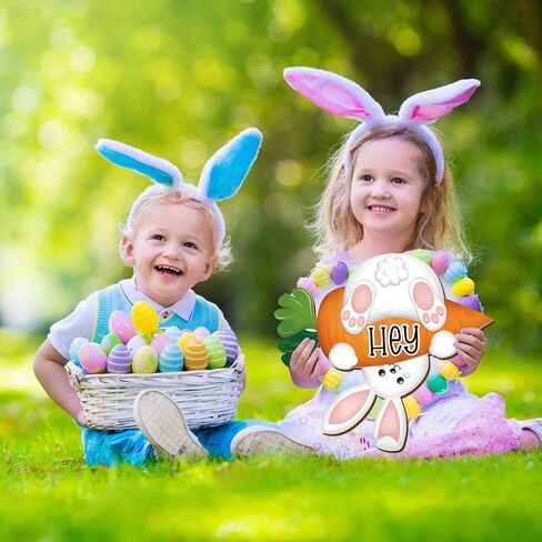 JarThenaAMCS Easter Wooden Hanging Sign Hey Bunny Front Door Sign Cute Rabbit Carrot Wall Plague for Spring Holiday Indoor Outdoor Farmhouse Home Porch Window Decor in Saudi Arabia