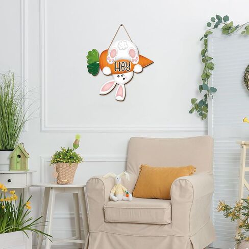 JarThenaAMCS Easter Wooden Hanging Sign Hey Bunny Front Door Sign Cute Rabbit Carrot Wall Plague for Spring Holiday Indoor Outdoor Farmhouse Home Porch Window Decor in Saudi Arabia