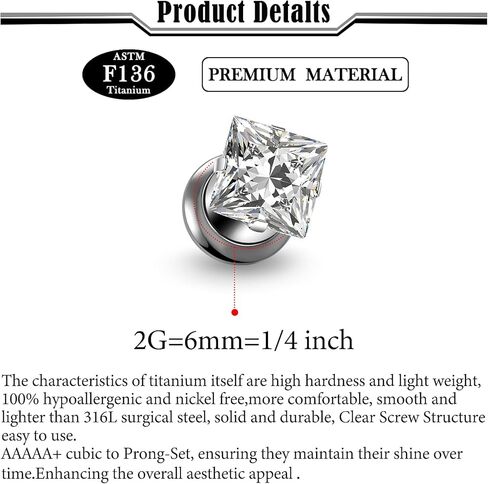 Uqnwbdq 10G-00G Astm F136 Titanium Gauges Tunnels for Ear Screw Fit Back Square CZ Ear Gauges Tunnels Plug Earrings Expander Stretcher Piercing Jewelry for Women Men Silver Gold 1 Pairs in Saudi Arabia