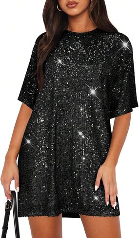 OYOANGLE Women's Sequin Sparkly Short Sleeve Tunic Tshirt Dress Loose Glitter Cocktail Party Mini Dress in Saudi Arabia