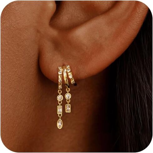 Dangle Earrings for Women,14k Gold Plated Triple Huggie Stud Earrings Cute Statement Chain Earring Dainty Drop Earrings for Women Trendy Gold Plated Jewelry in Kuwait