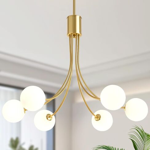zqoyn 6-light سبوتنيك الثريا الحديثة نحى النحاس غرفة الطعام ضوء الثابت منتصف القرن الذهب الثريا مع زجاج الحليب شنقا قلادة لغرفة الطعام جزيرة المطبخ، غرفة المعيشة، غرفة نوم، بهو in Saudi Arabia