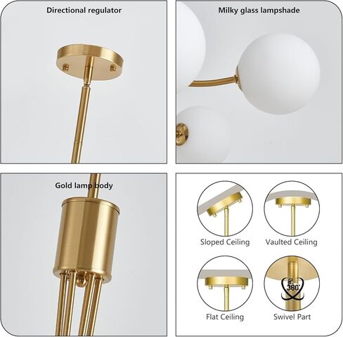 zqoyn 6-light سبوتنيك الثريا الحديثة نحى النحاس غرفة الطعام ضوء الثابت منتصف القرن الذهب الثريا مع زجاج الحليب شنقا قلادة لغرفة الطعام جزيرة المطبخ، غرفة المعيشة، غرفة نوم، بهو in Saudi Arabia