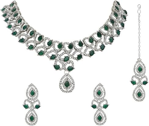 I Jewels Silver Plated Crystal Diamond Necklace & Earrings Jewellery Set for Women in Saudi Arabia