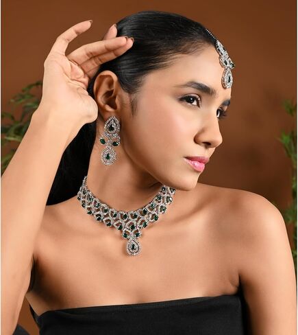 I Jewels Silver Plated Crystal Diamond Necklace & Earrings Jewellery Set for Women in Saudi Arabia