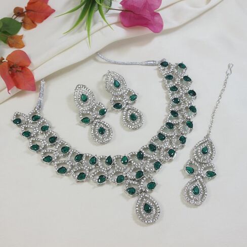 I Jewels Silver Plated Crystal Diamond Necklace & Earrings Jewellery Set for Women in Saudi Arabia