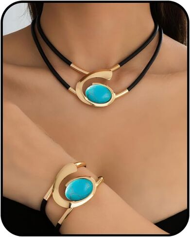 Gold Turquoise Jewelry Sets for Women Bohemian Double-Layer Necklace Chunky Vintage Pendant Necklace and Adjustable Non Tarnish Bracelet Boho Fashion Statement Jewelry Sets Gifts in Kuwait