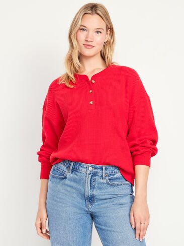Old Navy Oversized Cozy Waffle Henley Top - Amaryllis in Kuwait