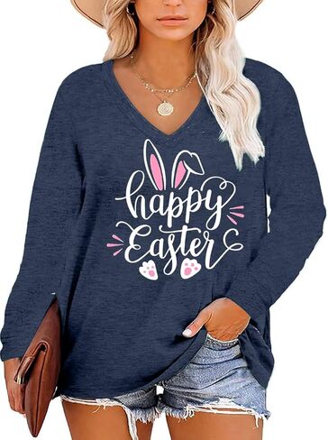Plus Size Easter Shirts for Women Happy Easter T Shirt Bunny Rabbit V Neck Tees Easter Long Sleeve Shirt Tops in Saudi Arabia