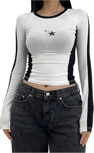RoseSeek Women's Star Graphic Tees Fitted Crop Tops Crew Neck Long Sleeve T Shirts Streetwear Tops in Saudi Arabia